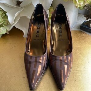 Loriblu Pointy Toe Pumps  in Brown Striped Silk